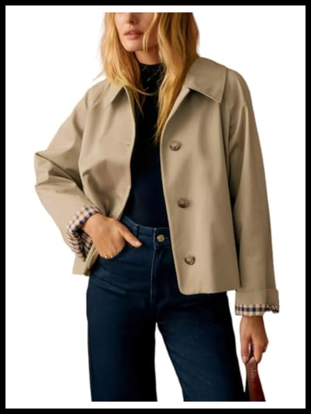Womens Short Trench Jacket Plaid Lining Button Front Lightweight Pockets